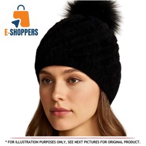 Pologeorgis Knitted Shearling Pom Pom Hat in Black – One Size