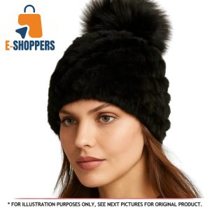 POLOGEORGIS Black Knitted Shearling Fur Pom-Pom Hat – One Size