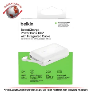 Belkin BoostCharge 10K Power Bank 20W PD with Built-In USB-C Cable – White