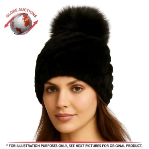 POLOGEORGIS Shearling Fur Pom-Pom Hat  (Fur from Italy) Black Knitted