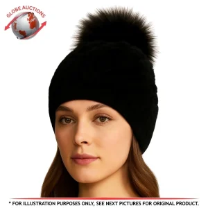 Pologeorgis Knitted Shearling Pom Pom Hat in Black – One Size